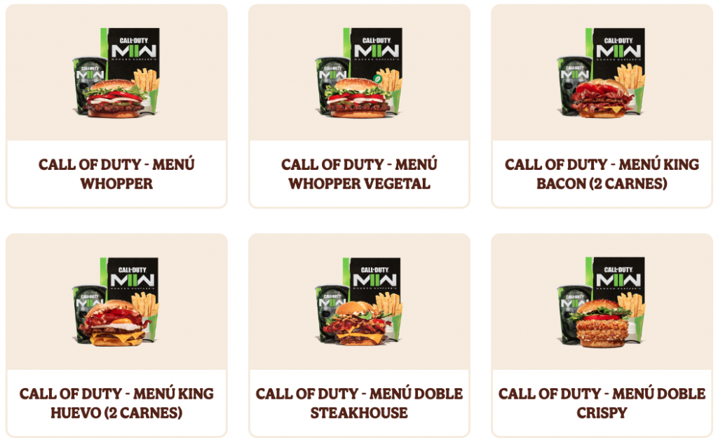 Menú Burger King, Centroamérica, Burger King Call Of Duty